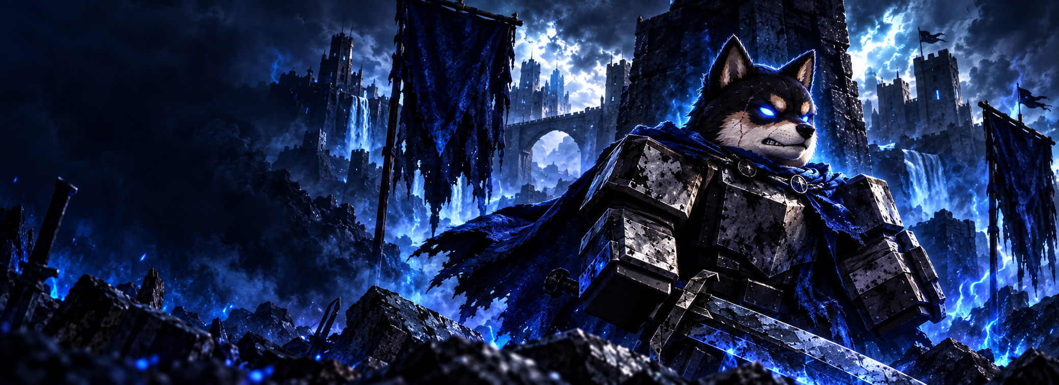 A fierce dog-headed blocky warrior in a storm-lit blue fortress